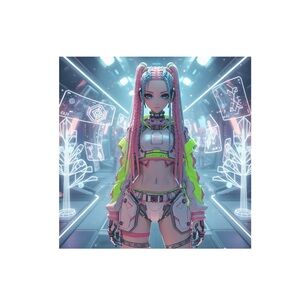 HANDCRAFTED digital art print Neon Green and Silver Futuristic Ensemble anime